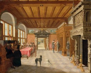 Innenansicht einer Halle mit Figuren, 1621