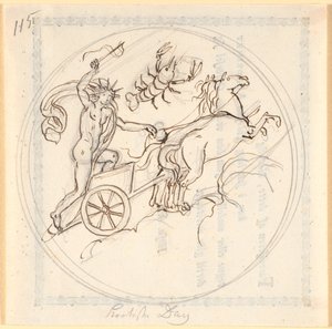 Apollo lenkt seinen Sonnenwagen nach oben; oben das Sternzeichen Krebs; kreisrund eingerahmt; stellt den kürzesten Tag dar von Nicolai Abildgaard