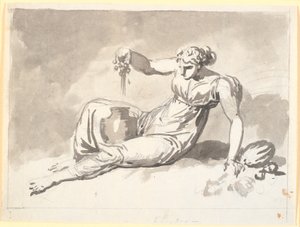 Herbst, eine sitzende Frau, die Trauben presst
