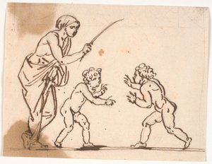 Eine Frau mit Stock, den sie gegen zwei kleine Jungen erhebt, die sich schlagen wollen von Nicolai Abildgaard