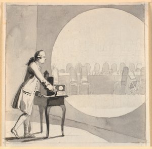 Ein Mann mit einer Laterna magica zeigt ein Bild des leeren Staatsratszimmers