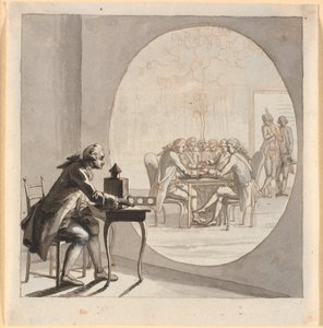 Ein Mann mit einer Laterna Magica zeigt ein Bild des Geheimen Staatsrats von Nicolai Abildgaard