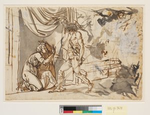 Ein Soldat findet Claudius, der Angst hat, Kaiser zu werden, hinter einem Vorhang versteckt von Nicolai Abildgaard