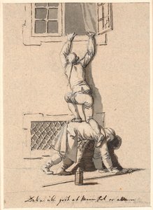 Ein Wächter hilft einem Herrn durch ein Fenster