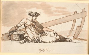 Ruhende Frau vor einem Pflug. Allegorie auf den Ackerbau