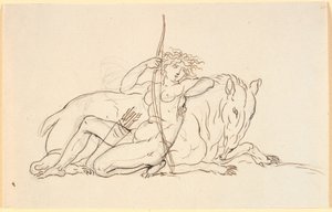 Frauenfigur mit Pfeilen und Köcher, sitzend an ein Fantasietier gelehnt (möglicherweise ein Ameisenbär). Allegorie auf Amerika