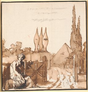 Das Ziel des Lebenslaufs. Allegorische Zeichnung. Eine Frau öffnet das Tor zu einem Friedhof mit Metä und Pyramide