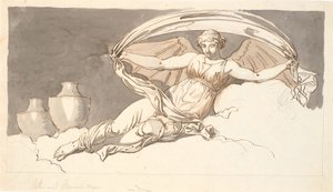 Die Nacht, eine ruhende Frau mit Fledermausflügeln