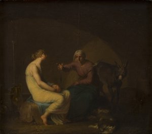 Die Haushälterin der Räuberbande tröstet das junge Mädchen, indem sie den Mythos von Amor und Psyche erzählt. Motiv aus Apulejus: Der goldene Esel