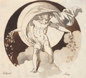 Sonntag. Ein gekrönter nackter Gott streut Blumen mit beiden Händen von Nicolai Abildgaard