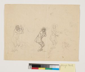 Studien von Köpfen und Figuren, darunter eine männliche Figur dreimal dargestellt