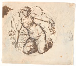 Geflügelte Frauengestalt im kreisrunden Feld. Rechts Studie des linken Fußes der Figur