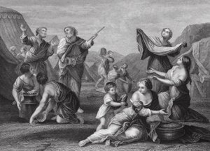 Der Fall von Manna, Exodus, Kap. 16, Vers 14, 24 (Gravur) von Nicolas (after) Poussin