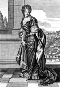 Elisabeth Charlotte von Bayern (1652-1722), genannt Liselotte, Prinzessin der Pfalz, 1671 wurde sie Herzogin von Orleans, zweite Frau von Herzog Philippe von Orleans, Stich von N. Arnoult nach Dieu von Nicolas Arnoult