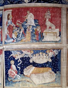 Hängung der Offenbarung (1373-1383). N. 44 oben: das Tier hat sieben Köpfe. N. 51 unten: Der Schlaf der Gerechten. Tapisserie von Nicolas Bataille (1330-1405)
