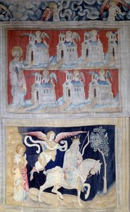Apokalypse-Wandteppich (1373-1383), Nr. 28: Heiliger Johannes auf Patmos und die sieben Kirchen Asiens und unten das erste Siegel: Der Sieger mit dem weißen Pferd. Wandteppich von Nicolas Bataille (1330-1405)