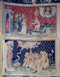 Wandteppich der Offenbarung (1373-1383), Nr. 42: Anbetung des Tieres. Nr. 49: Der Fall Babylons. Tapisserie von Nicolas Bataille von Nicolas Bataille