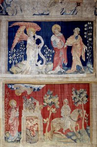 Wandteppich der Offenbarung (1373-1383), Nr. 6 und Nr. 10: Nr. 6 oben: Johannes weint, weil er das Buch nicht öffnen kann, ein alter Mann tröstet ihn; Nr. 10 unten: Der Tod hinterlässt einen Ort des Leidens hinter sich). Wandteppich von Nicolas Bataille (1