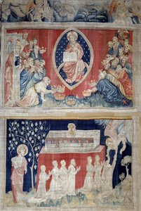 Der Vorhang der Offenbarung (1373-1383), Nr. 5: Die Ältesten verneigen sich vor Christus in Majestät (Jesus Christus in Herrlichkeit ist innerhalb einer Mandorla dargestellt). Nr. 11: Die Seelen der Märtyrer. Tapisserie von Nicolas Bataille von Nicolas Bataille