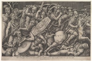 Römische Soldaten kämpfen gegen Daker, Kampfszene in geringer Tiefe mit Pferden und Reitern, 1553 von Nicolas Beatrizet