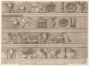 Speculum Romanae Magnificentiae: Opferinstrumente basierend auf antiken Reliefs, ca. 1550-75 von Nicolas Beatrizet.