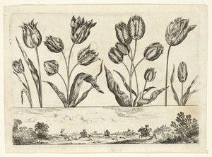Blumen und Jagdszene, aus Livre Nouveau de Fleurs... von Nicolas Cochin