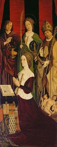 Triptychon von Moses und dem brennenden Dornbusch, rechte Tafel zeigt Jeanne de Laval (gest. 1498) mit St. Johannes, St. Katharina und St. Nikolaus, um 1476