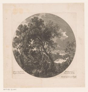 Landschaft mit Bäumen und zwei Hirten bei einer Herde