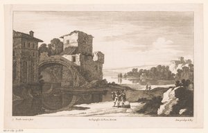 Flusslandschaft mit Ruine und Bogenbrücke von Nicolas Perelle