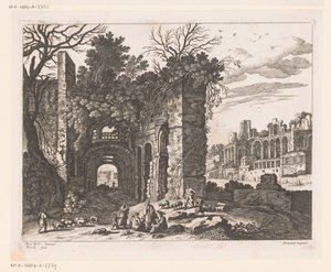 Rastende Familie vor einer Ruine