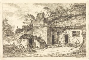 Ein Cottage mit zwei Männern, die am Eingang sitzen von Nicolas Perignon