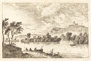 Flusslandschaft mit Figuren und einem Boot am Ufer