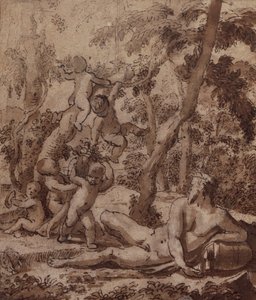 Eine bewaldete Landschaft mit einem Flussgott und Putti von Nicolas Poussin