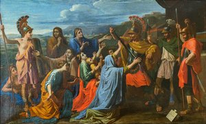 Coriolanus wird von seiner Familie überredet, Rom zu verschonen Veturia zu Füßen von Coriolanus, ca. 1652 von Nicolas Poussin