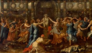 Hymenaios verkleidet als Frau während eines Opfers an Priapus (Detail) von Nicolas Poussin