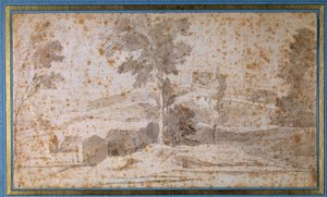 Landschaft mit einem großen Baum in der Mitte und einem Belvedere von Nicolas Poussin