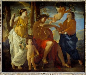 Die Inspiration des Dichters Ein Dichter, eine Lyra in der Hand und mit einem Lorbeerkranz gekrönt, umgeben von Musen und Putti. Gemälde von Nicolas Poussin