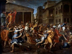 Die Entführung der Sabinerinnen durch die Römer. Romulus beobachtet die Szene links. Gemälde von Nicolas Poussin