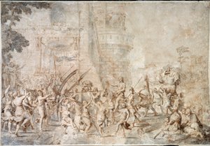 Der Triumph Davids, der den Kopf Goliaths zurückbringt, Zeichnung von Nicolas Poussin