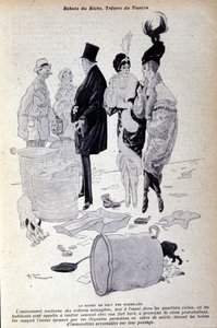 Paris: Müll sammelt sich auf der Straße vor elegant gekleideten Menschen. Illustration der französischen Presse von H. Tournier