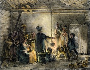 Innenansicht einer Hütte eines Kohlenbergmanns, graviert von Godefroy Engelmann, 1829
