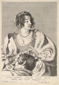 Delilah bereitet sich darauf vor, Samsons Haar mit einer Schere in ihrer rechten Hand zu schneiden, unter ihrer Brust..., ca. 1629 von Nicolas Viennot