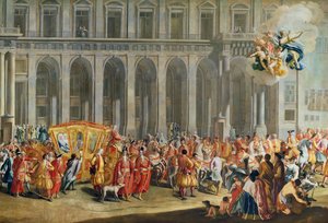 Die Abreise von Alois Thomas von Harrach, Vizekönig von Neapel (1669-1742) vom Palazzo Reale di Capodimonte (Detail) von Nicolo Maria Russo or Rossi