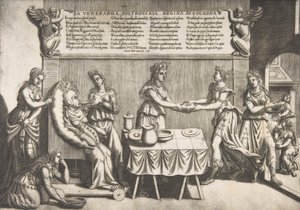 Verehrte Faulheit, Königin von Schlaraffenland, eine dicke Frau auf einem beweglichen Toilettenstuhl, 1565 von Nicolo Nelli