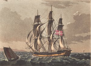 Ein Lotsenboot und ein dänisches Fregattenschiff bei einer Schleierung