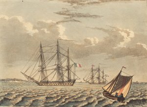 Französische Kriegsschiffe vor Anker und ein kreuzendes Boot von Niels Truslew