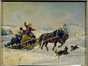 Fastnacht (nach den Festlichkeiten, eine Frau begleitet betrunkene Männer auf ihrem Pferdeschlitten) von Nikolai Egorevich Sverchkov
