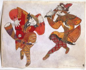 Die Skomorokhs. Kostümentwurf für die Oper Fürst Igor von A. Borodin, 1914