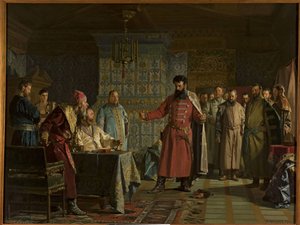 Der Streit von Zakhary Petrovich Lyapunov (gestorben nach 1612) mit Zar Wassili IV. Schuiski (1552-1612) im Kreml von Nikolai Vasilievich Nevrev