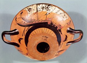 Attische schwarzfigurige Tasse, die griechische Segelschiffe zeigt, ca. 520 v. Chr. von Nikosthenes